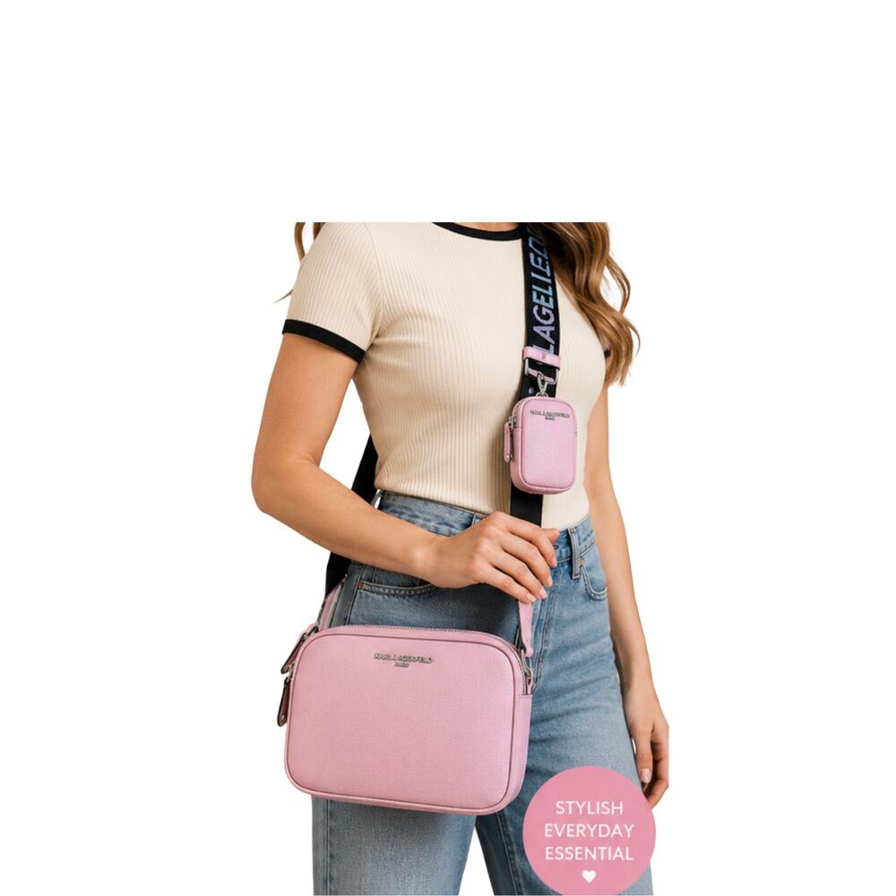 Karl Lagerfeld Purse Crossbody Pink Logo Maybelle Camera Bag Pink Zip Close NWT